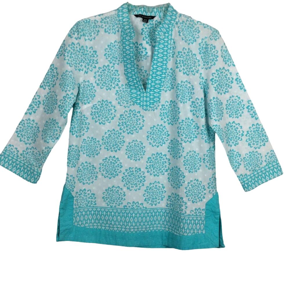 Zac & Rachel Womens Pullover Tunic Top Size Med Teal White Floral V Neck Beach